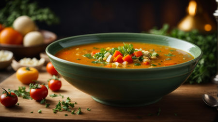 Tomato soup with parsley in a bowl on a wooden tableの素材