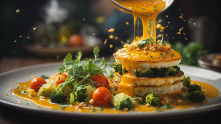 Pancakes with fried cauliflower, carrot, cheese and sauceの素材