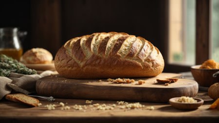 Freshly baked bread on rustic wooden table. Selective focus.の素材