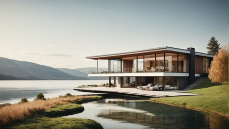 3d rendering of modern cozy house on the hill with lake viewの素材