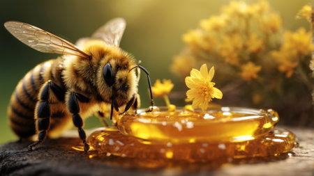 Honey bee collecting pollen from a flower on a wooden table.の素材
