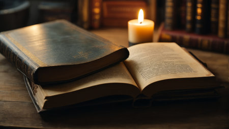 Open book and lit candle on wooden table, closeup. Education conceptの素材