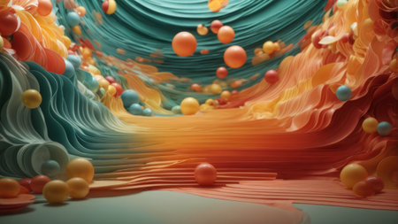 3d render of abstract background with multicolored balls in motionの素材