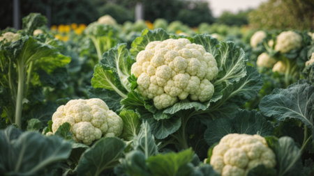 Cauliflower in a vegetable garden. Cauliflower field.の素材