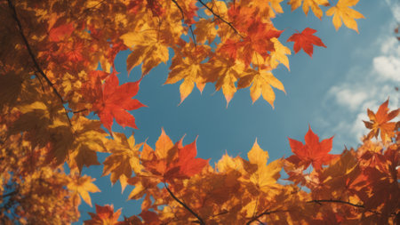 Autumn maple leaves on blue sky background, retro toned.の素材