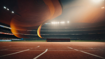 Athletics track and field stadium at night. Sport backgroundの素材
