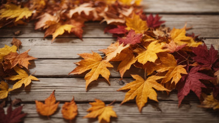 Autumn leaves on wooden background. Fall concept. Selective focus.の素材