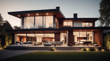 3d rendering of modern cozy house with pool and parking for sale or rent in luxurious style and beautiful landscaping on background. Clear summer night with many stars on the sky.の素材