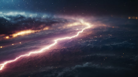 Lightning strike in the night sky. 3d render illustration.の素材