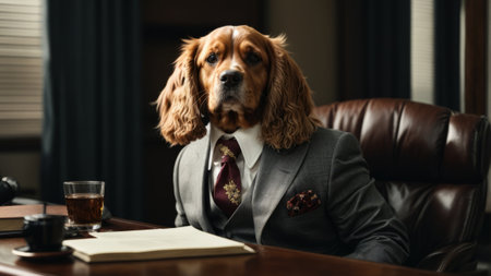 Cocker Spaniel in a business suit and tie with a cup of coffeeの素材