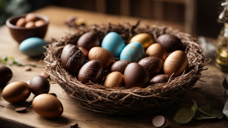 Chocolate Easter eggs in a nest on a wooden background, selective focusの素材