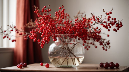 Bouquet of red berries in a vase on a wooden tableの素材