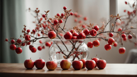 Red apples in a glass vase on a wooden table. Autumn still lifeの素材