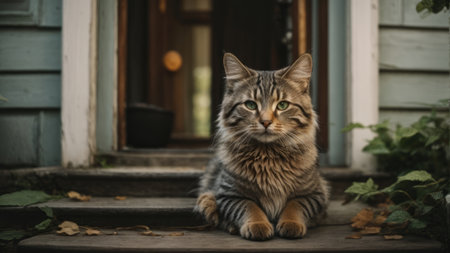 Siberian cat sitting on the porch of a house in autumnの素材
