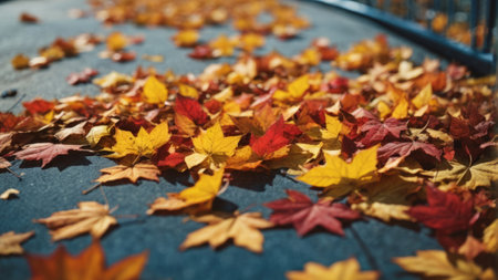 Autumn maple leaves on the roof of a building. Selective focus.の素材