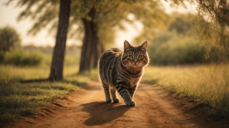 tabby cat walking on a dirt road in the countryside at sunsetの素材