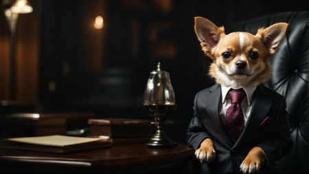 Chihuahua dog in a suit and tie on a dark backgroundの素材