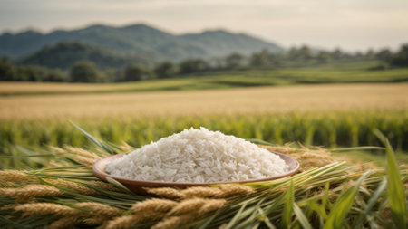 Rice in a wooden bowl on the rice field with mountain backgroundの素材