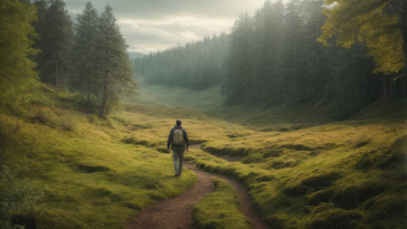 Digital composite of Backpacker walking in a foggy forest.の素材