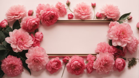 Beautiful flowers and frame on pink background, flat lay. Space for text