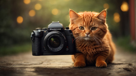 Red cat and camera on the street. Shallow depth of field.の素材