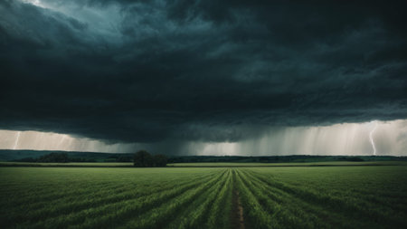 Stormy sky over the field. Panoramic image of stormy weather.の素材