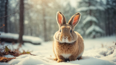 Cute rabbit sitting on snow in winter forest. Easter bunny.の素材