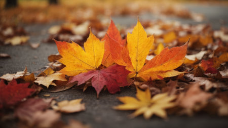 Maple leaves on the asphalt in the autumn park. Seasonal backgroundの素材