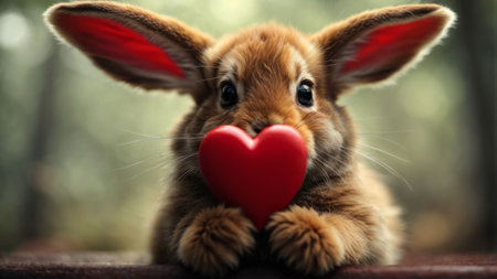 Cute bunny with red heart in the forest, Valentine's dayの素材