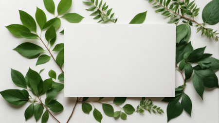 Blank card with green leaves on white wooden background, top viewの素材