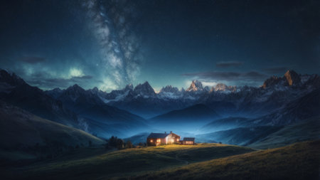 Majestic mountain landscape with a small house in the foreground.の素材