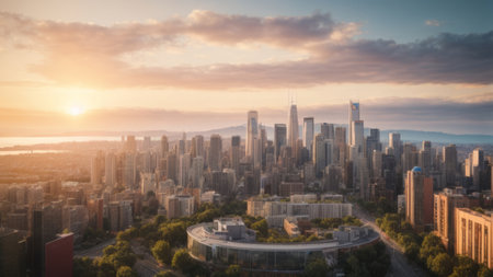 Panoramic view of Chicago downtown skyline at sunset, Illinois, USA.の素材