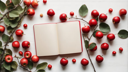 Open notebook and red apples on a white wooden table. Top viewの素材