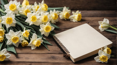 White daffodils and blank notepad on wooden background.の素材