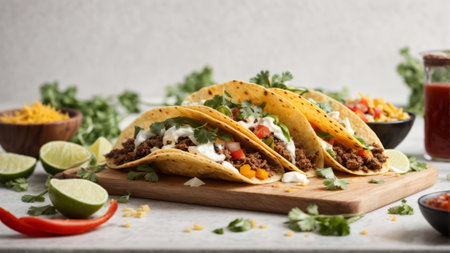 Mexican tacos with beef, cheese and vegetables on wooden cutting boardの素材