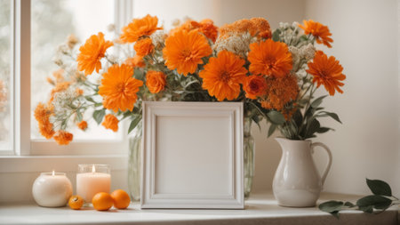 White frame with marigold flowers in vase on windowsillの素材