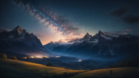 Panoramic view of the mountains at night. Caucasus, Russia.の素材