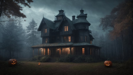 Halloween background with haunted house and pumpkins. 3d renderの素材