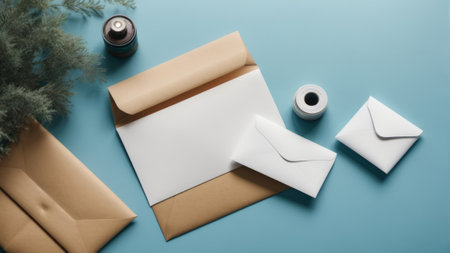 Mockup of a letter, envelope and a candle on a blue backgroundの素材