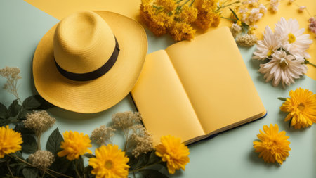 Top view of yellow flowers, notebook and straw hat on blue backgroundの素材
