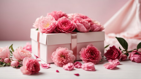 Beautiful pink roses and gift box on white wooden table, closeupの素材