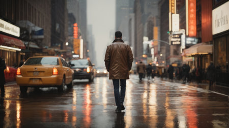 Man walking on a rainy day in New York City, USA.の素材