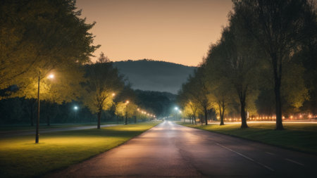 Road in the park at night with lanterns. Landscape.の素材