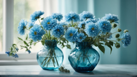 Beautiful blue flowers in vases on windowsill, closeupの素材