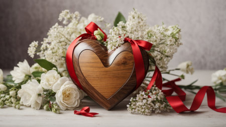 Wooden heart with white flowers and red ribbons on a gray backgroundの素材