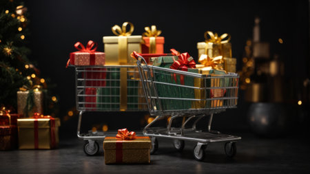 Shopping cart with gifts and Christmas tree on dark background, closeupの素材