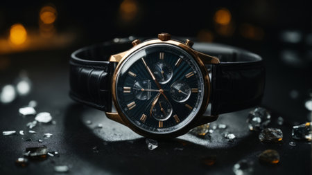 Wristwatch on a black background, close-up, selective focusの素材