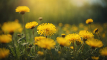 Yellow dandelion flowers in the meadow. Spring nature backgroundの素材