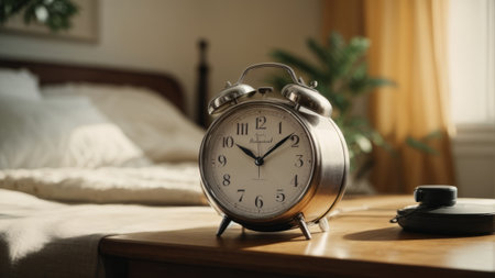 Alarm clock on bedside table in bedroom. Time management conceptの素材