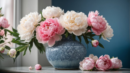 Bouquet of pink and white peonies in blue vaseの素材